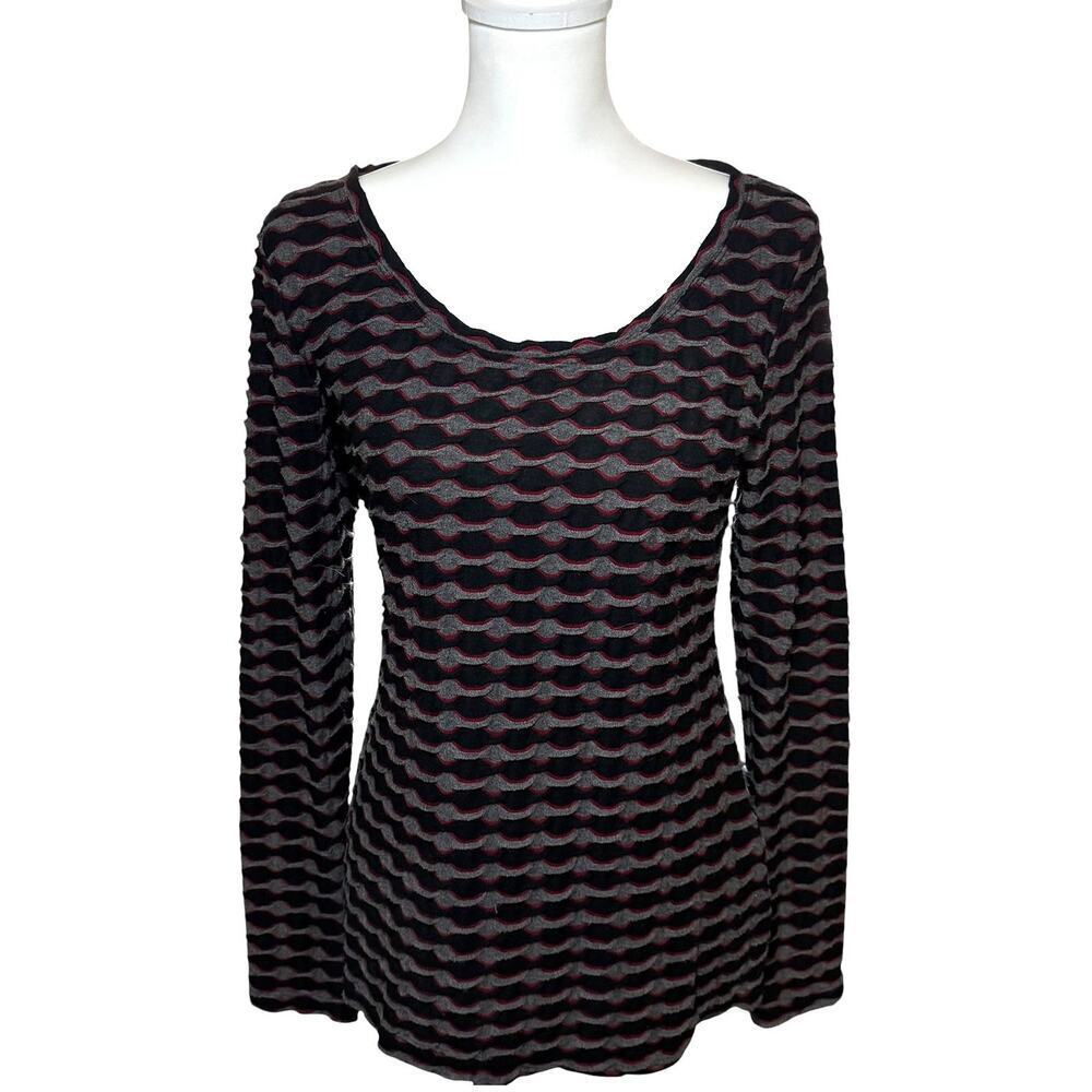 Max Studio Red Black Gray Optical Print Long Sleeve Scoop Neck Top Size Medium